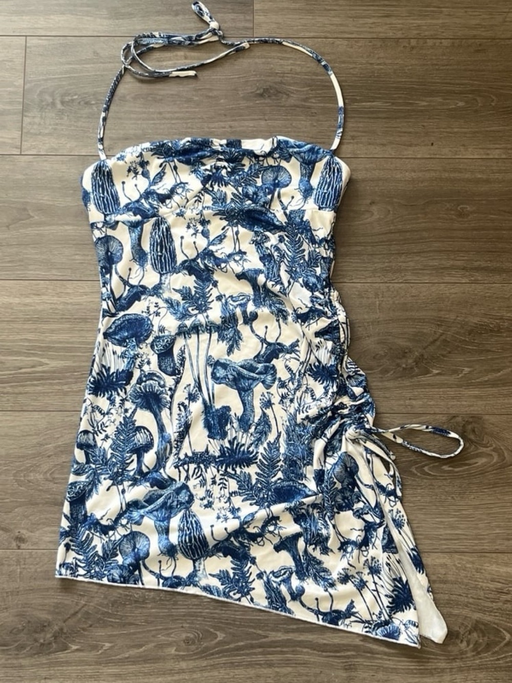 Blue & White Lightweight Halter Mini Dress Ruched Side, Asymmetrical Hem